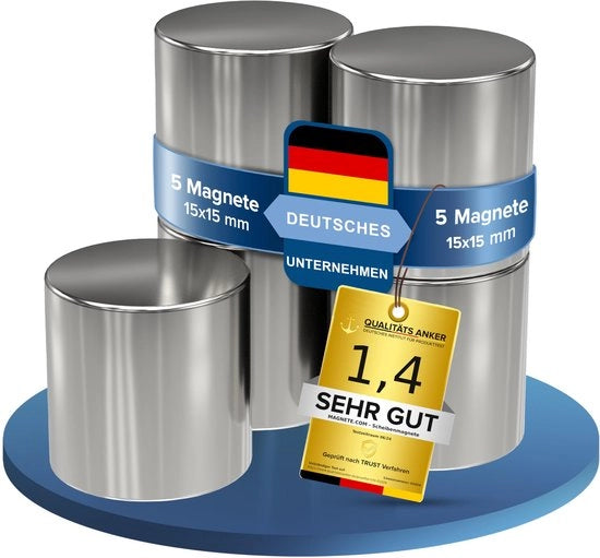 Set di 5 magneti neodymium in acciaio inossidabile - diametro 15x15mm - alta forza - peso di attrazione circa 10 kg - magneti adatti per whiteboard, pannelli di vetro, bacheche e ambienti di lavoro