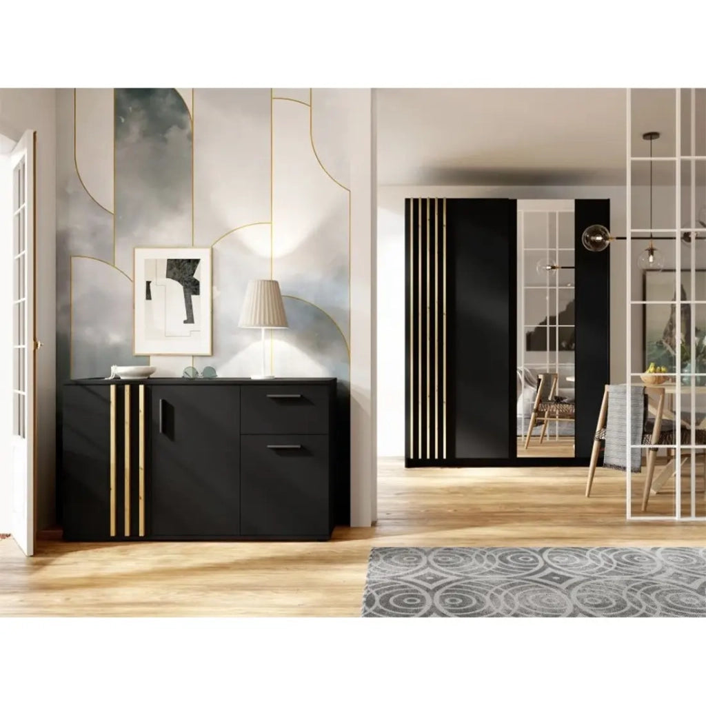 Cassettiera VARIA - 3 porte e 1 cassetto - Design moderno colore nero e rovere Artigiano