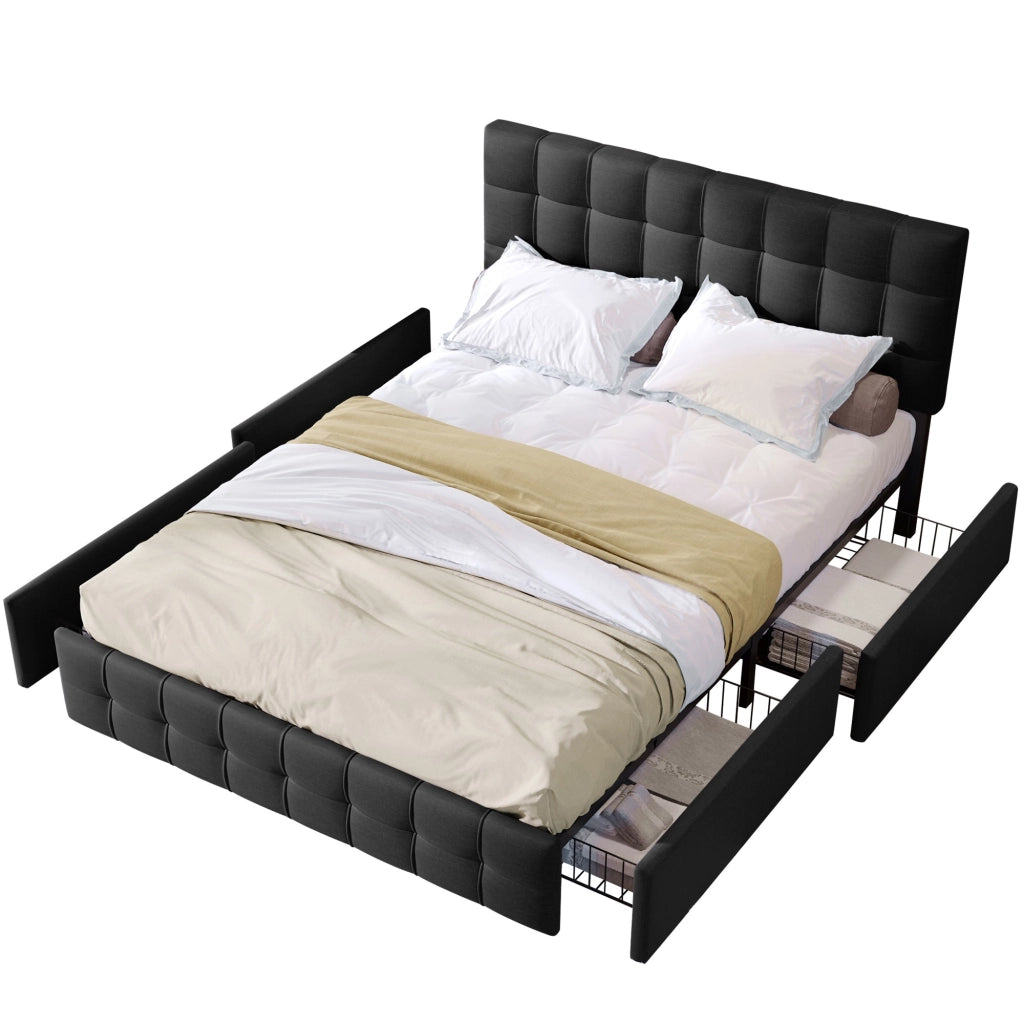 Letto matrimoniale imbottito con 4 cassetti, rete a doghe in acciaio e testiera regolabile 140x200 cm, nero