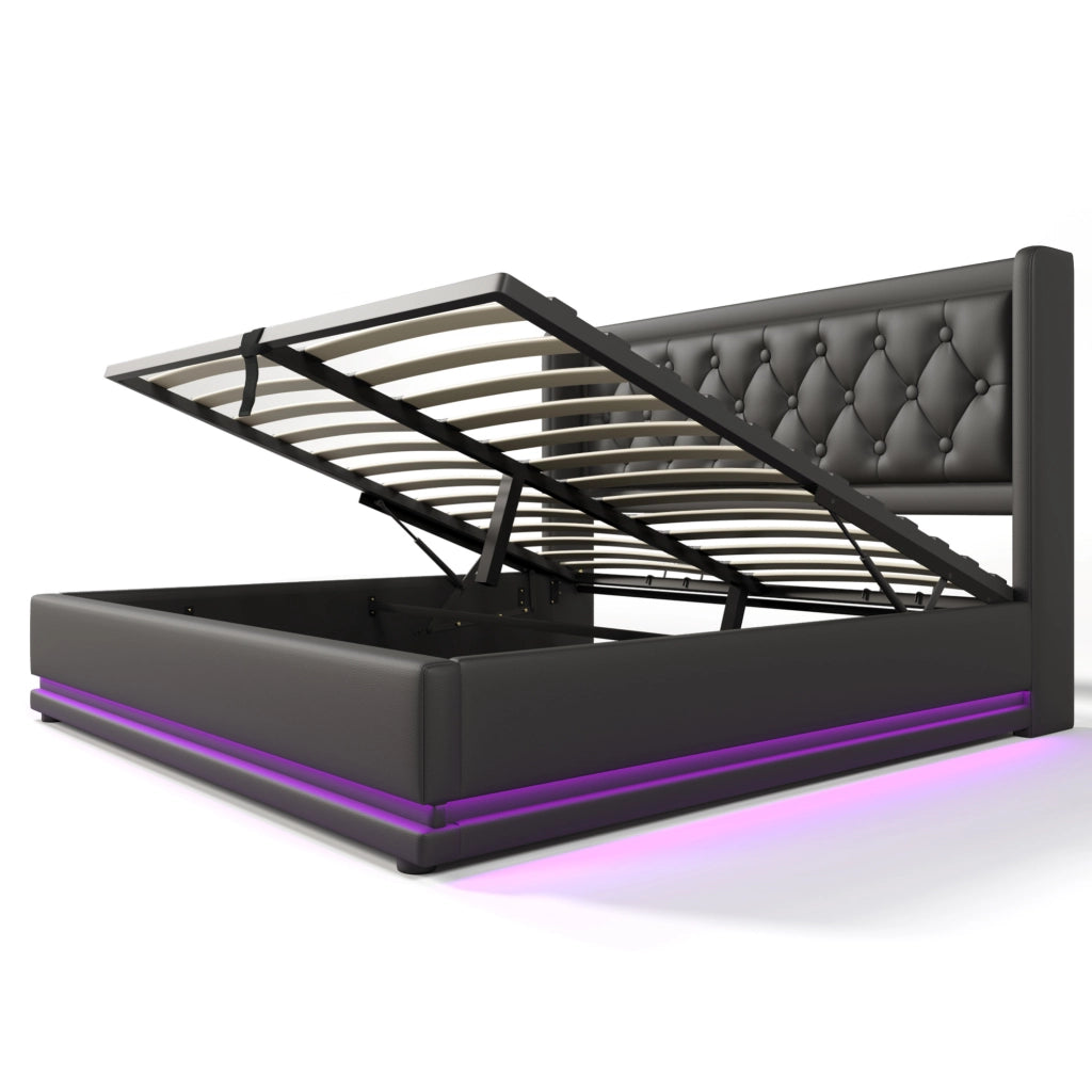 Letto matrimoniale imbottito ULEVR 180x200 cm con contenitore idraulico, LED, USB e Type-C, PU nero