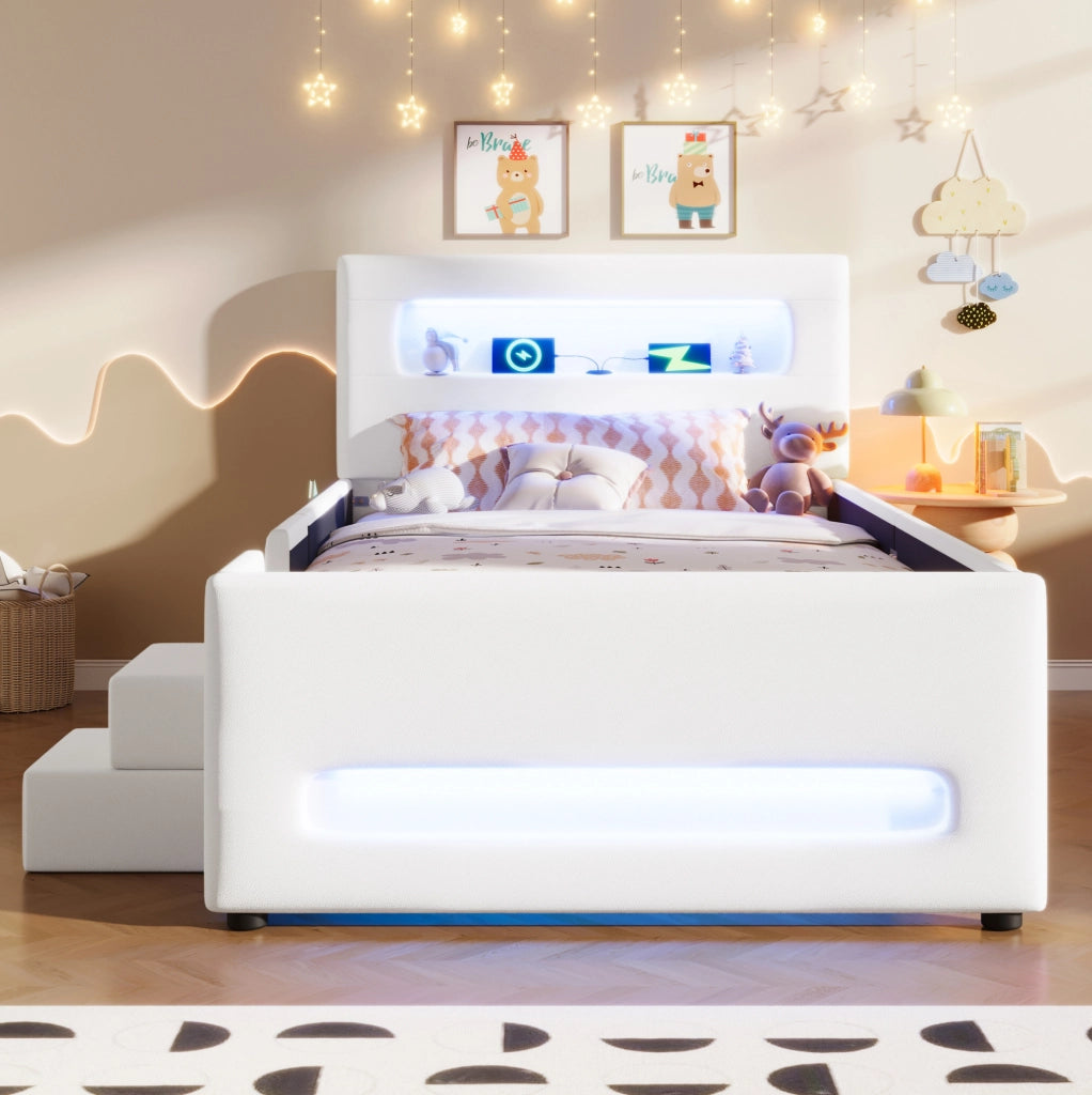 Letto imbottito con cassetto; luci LED e rivestimento in PU; 90x200 cm; bianco