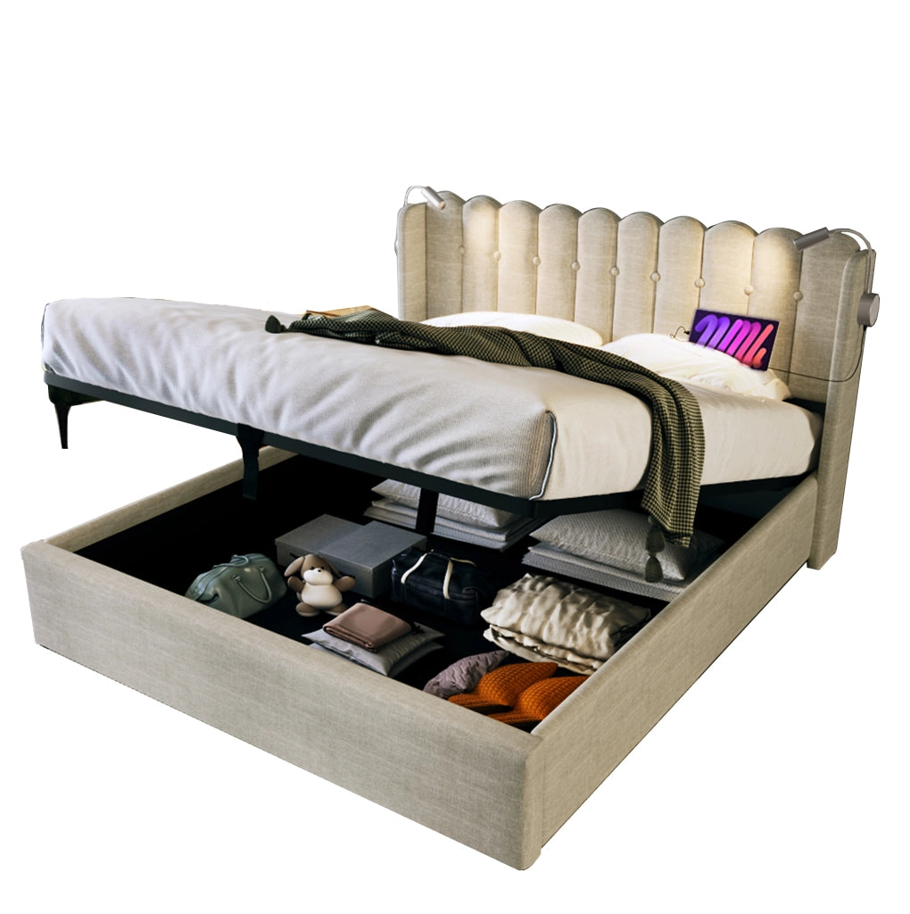 Letto matrimoniale 140x200 cm beige con luci da lettura USB e vano contenitore