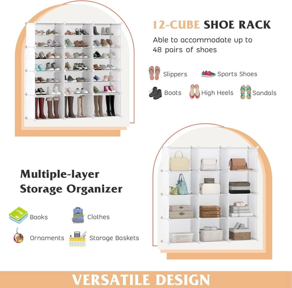 Scatola per scarpe con 12 cubi con ripiano rimovibile, mobile da 48 paia, 5 ganci da appendere, 12 ante 124 x 32 x 125 cm, per corridoio, ingresso, soggiorno, nero (Bianco)