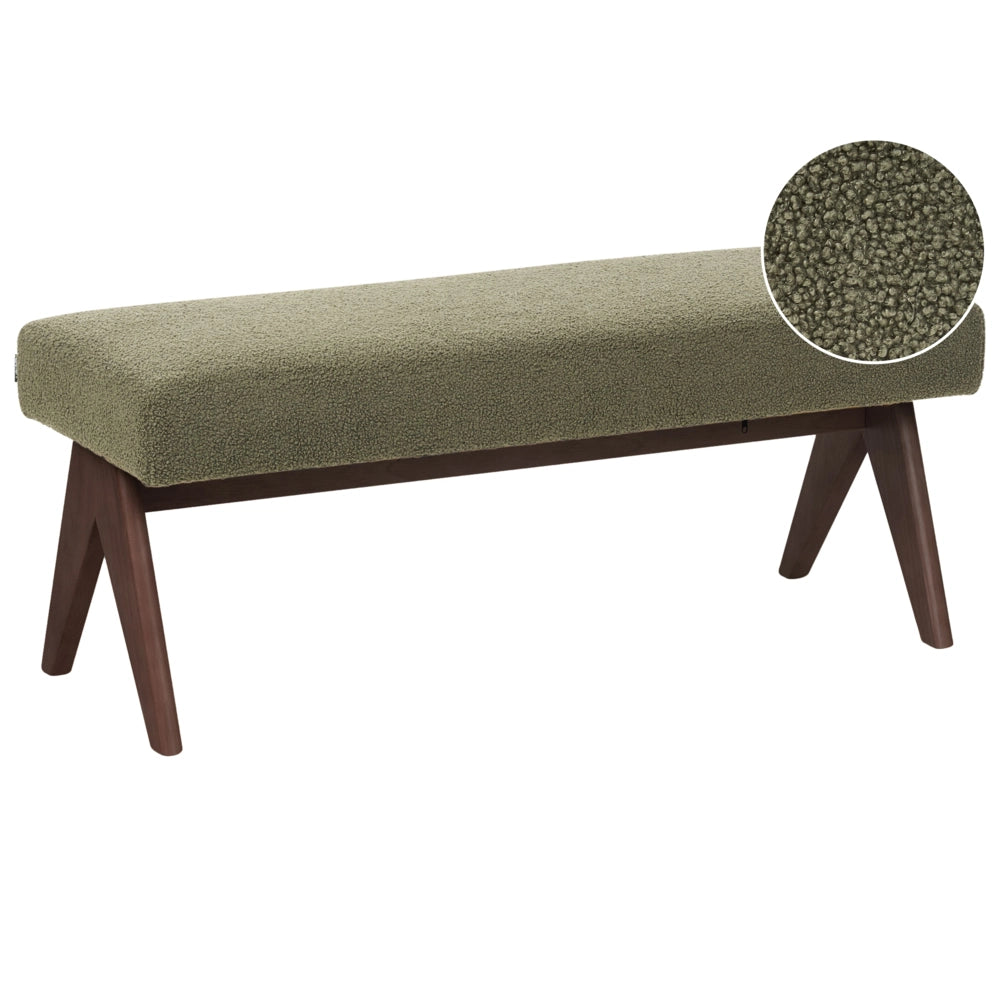 Panca Boucle Verde e marrone scuro con gambe in legno imbottite Panca per corridoio e panca da letto
