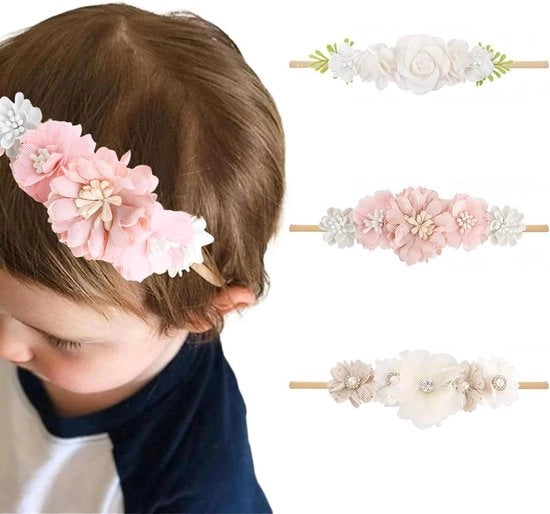 Set di 3 cinture capellute elastiche in nylon con fiori per bambine - accessori per capelli per neonati e bambini piccoli
