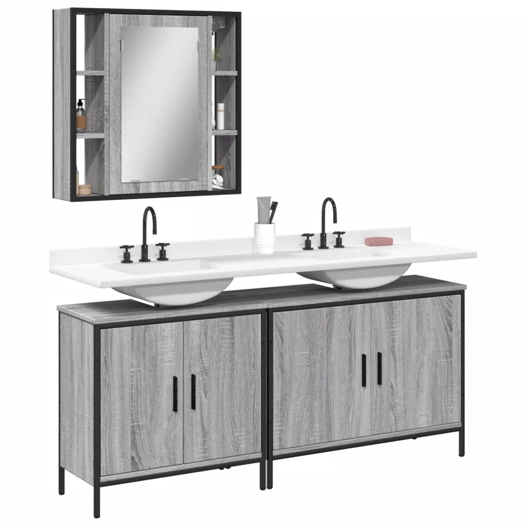 Set Mobili da Bagno | Armadio da bagno 3 pz Grigio Sonoma in Legno Multistrato