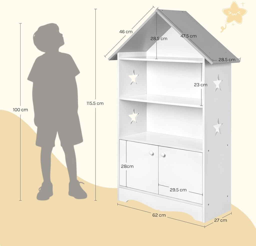 Libreria in Legno per Bambini, Scaffale a Forma di Casa, Porta Giochi Organizzatore per Cameretta, con Ante Bianco + Tetto Grigio 62x27,2x115cm