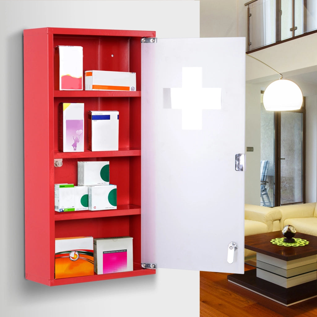 Armadio Farmaceutico con 3 Ripiani e 4 Livelli ¨C Zephmum ¨C Porta in Vetro Temperato, Colore Rosso, Dimensioni 30x12x60 cm