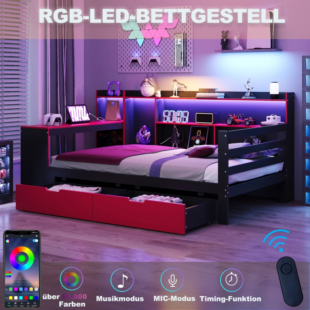 OKWISH Letto a Divano 90×200 cm, Letto Singolo con Scrivania, Libreria, 2 Cassetti, LED e Prese USB, senza Materasso, Nero e Rosso