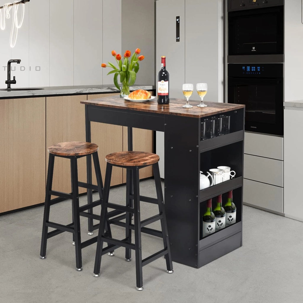 Set di Tavolo e 2 Sgabelli da Bar con Struttura in Legno e Metallo | Tavolo da Pranzo e Colazione a 3 Ripiani per Sala da Pranzo e Cucina, Marrone Rustico
