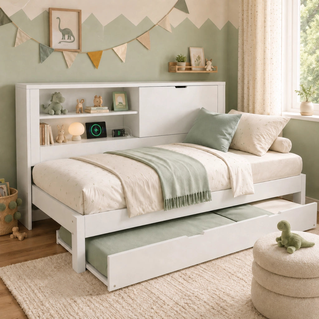 Sofà letto singolo 90x200 cm con letto estraibile, vano contenitore, ricarica USB/USB-C, bianco