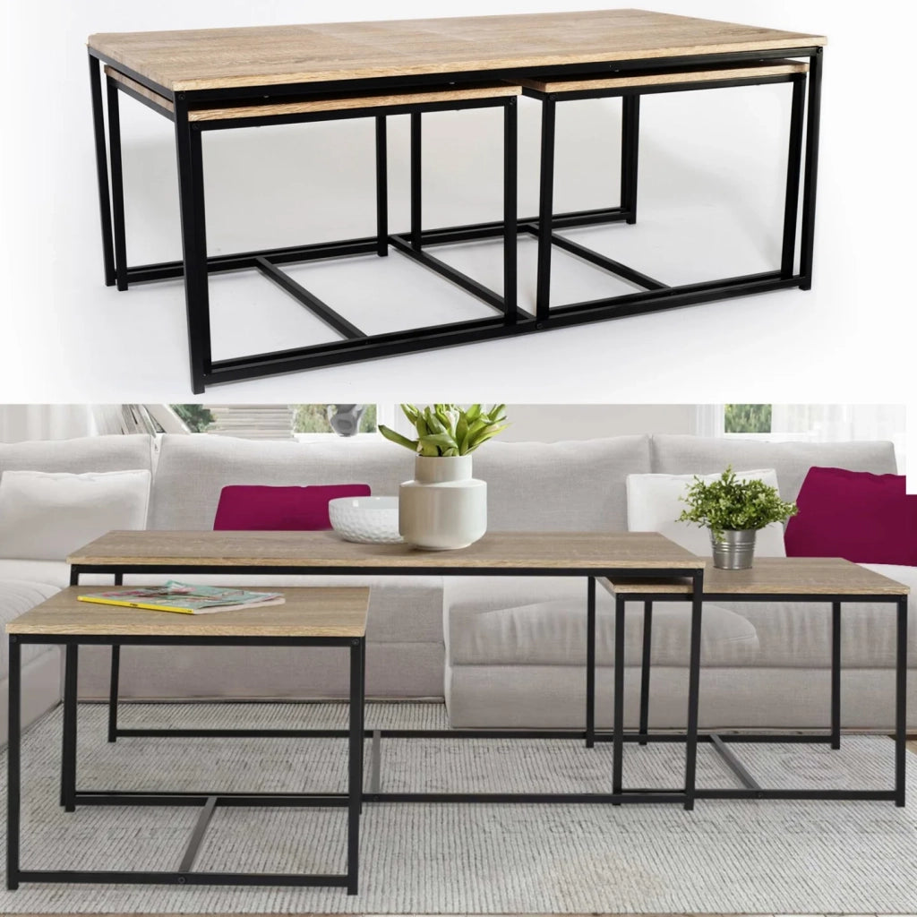 IDMarket - Set di 3 tavolini bassi 113 cm con design industriale DETROIT