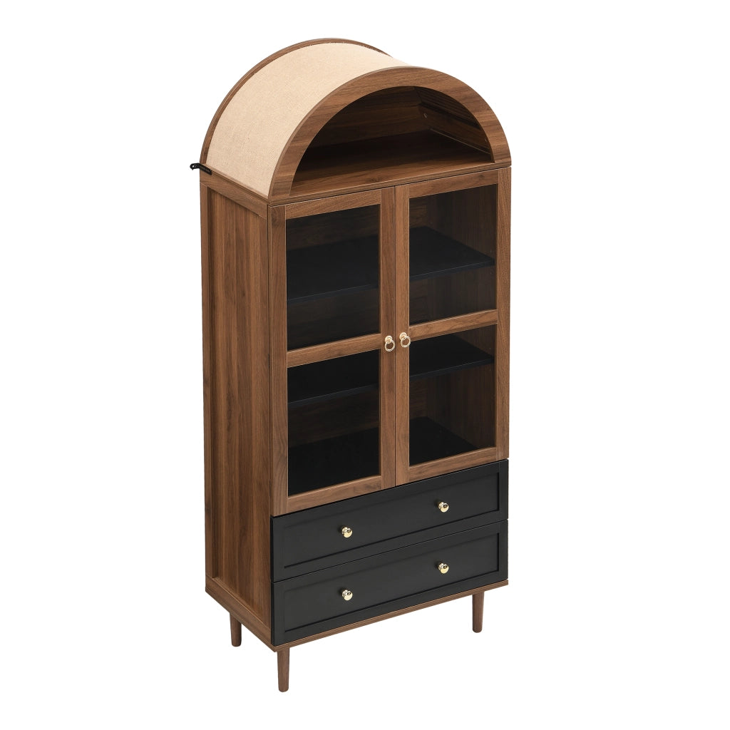OKWISH Credenza Contenitore con Ripiani Regolabili e Anta in Vetro Rigato, Stile Retrò Moderno, MDF, Noce