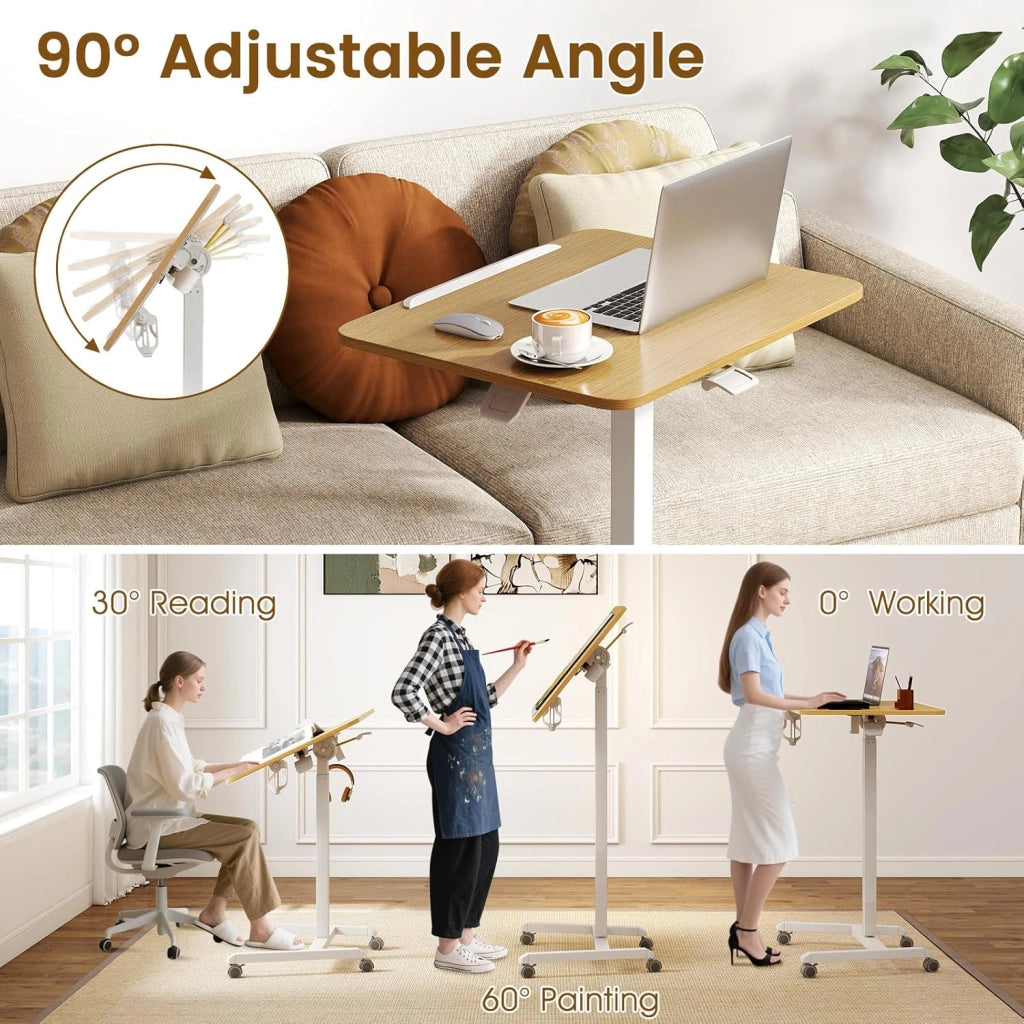 Tavolino regolabile in altezza, scrivania mobile con piano inclinabile di 90°, scrivania per computer con ruote, tavolo per computer portatile con gancio e porta bicchieri, tavolo per la cura
