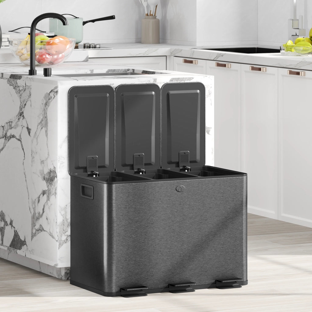 Pattumiera a 3 Sezioni da 20L 61,9x36,6x56,7 cm con Coperchio Silenzioso in Acciaio Inox e PP Nero