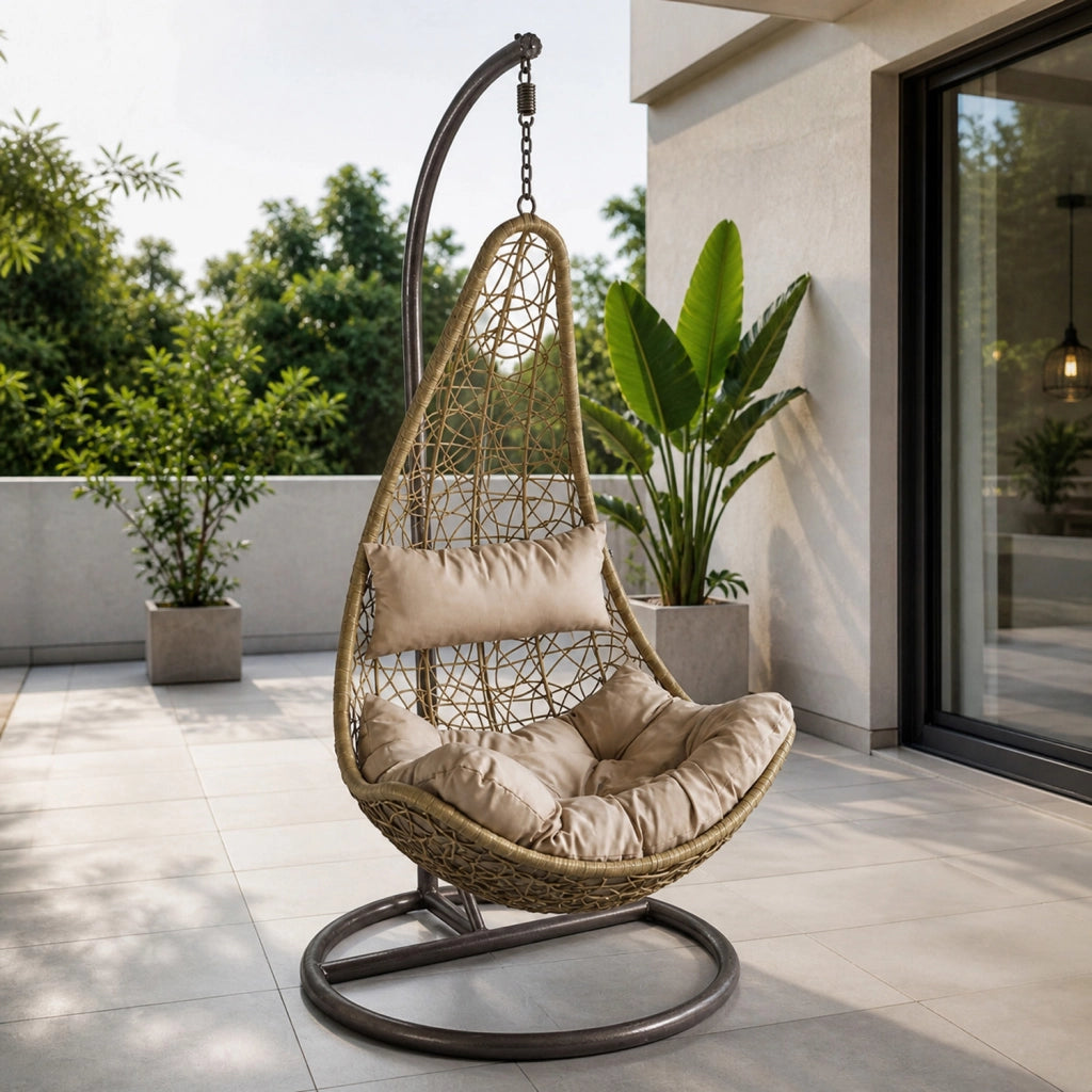 Poltrona Sospesa Da Giardino Con Struttura Autoportante In Metallo Seduta In Polyrattan Con Cuscino E Poggiatesta Arredo Outdoor Terrazza Balcone E Veranda 105 x 195 Cm Beige