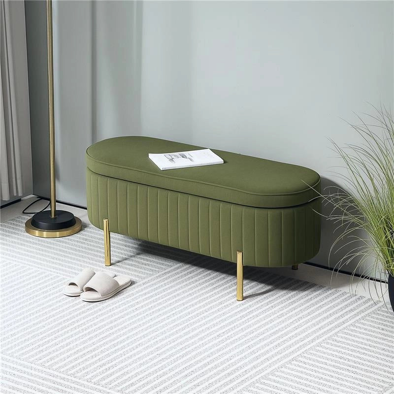 PANCA CONTENITORE OVALE DA 72L CON COPERCHIO SOLLEVABILE IN TESSUTO EFFETTO VELLUTO E LEGNO 108X44X43.5 CM VERDE