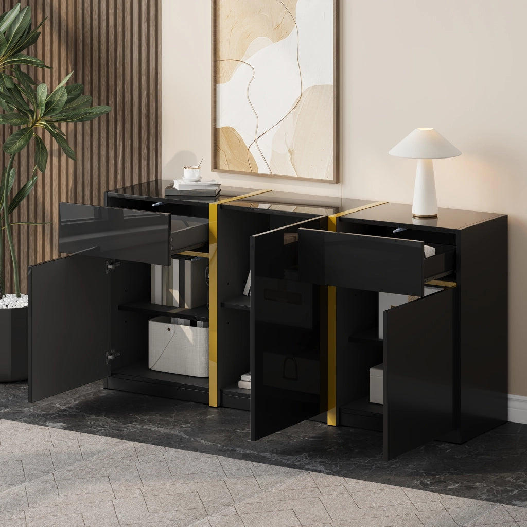 Credenza lucida, 3 ante e 2 cassetti, mobile da ingresso, finiture dorate, nero