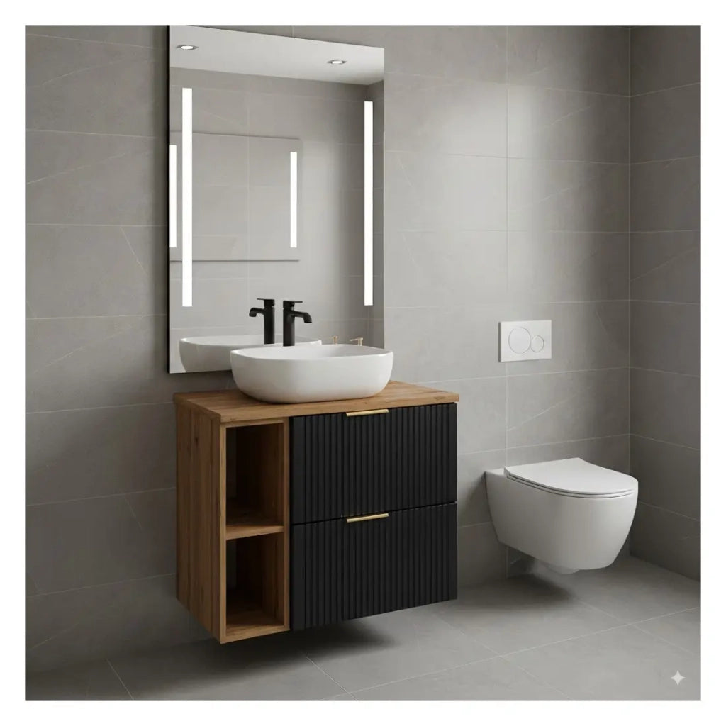 Insieme mobile sottolavabo NOXERA 80 cm – Nero opaco e quercia – 2 cassetti + 2 nicchie + lavabo