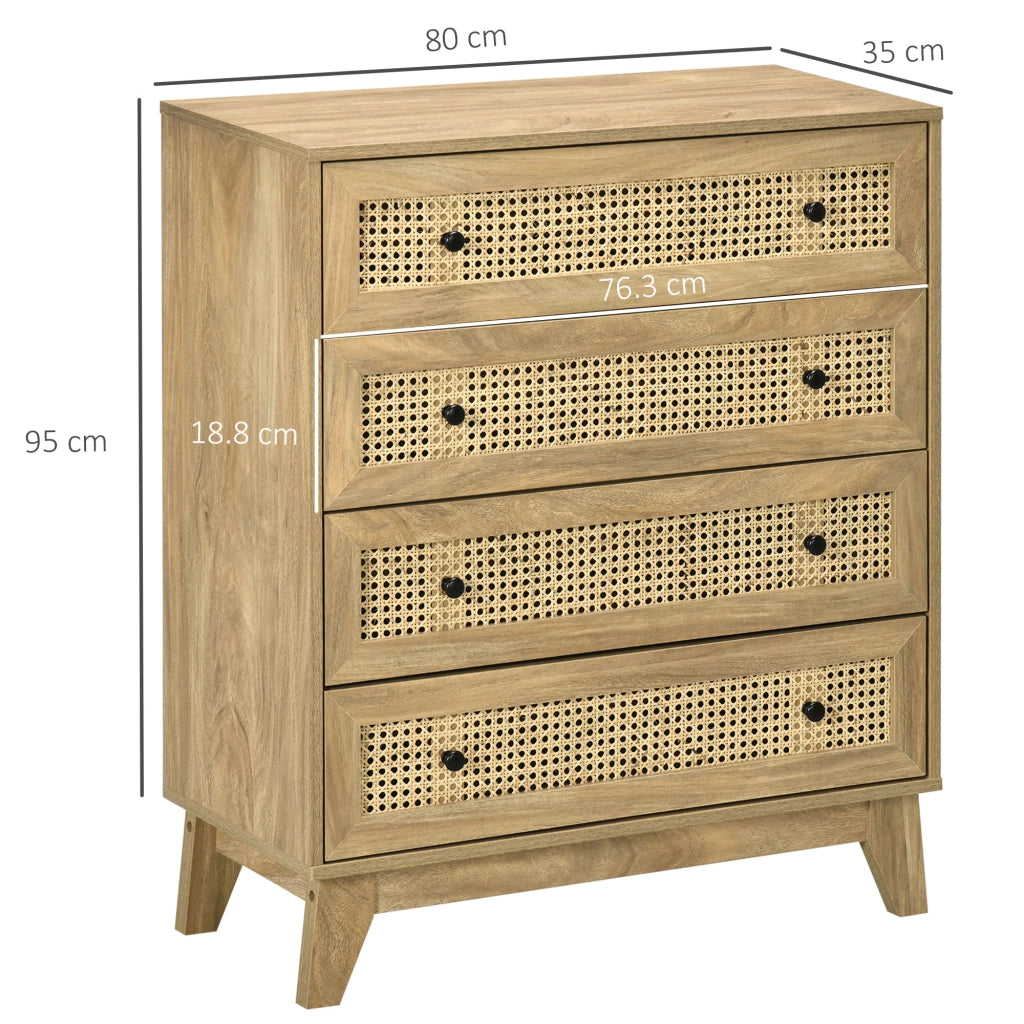 Cassettiera con 4 Cassetti in Stile Boho 80x35x95 cm Inserti in Rattan color Legno