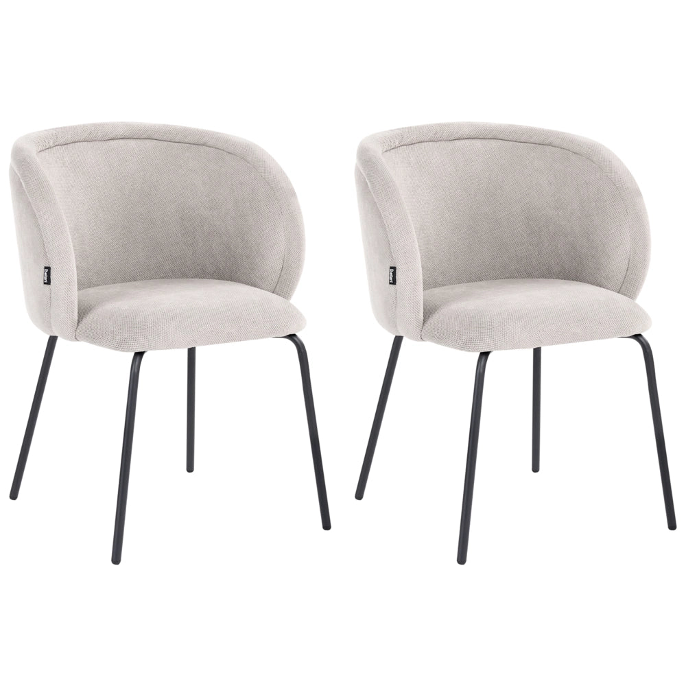Set di 2 sedie da pranzo imbottite senza braccioli, rivestimento bianco sporco, base in metallo, design retrò