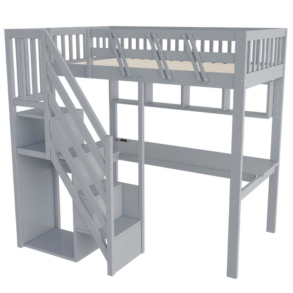 Letto a soppalco per bambini 90x200 cm con scrivania; LED e scala contenitore grigio