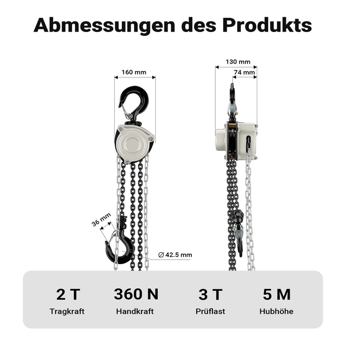 Paranco a catena manuale V21-2, capacità di carico 2 t, altezza di sollevamento 5 m, leggero e compatto, per impieghi gravosi