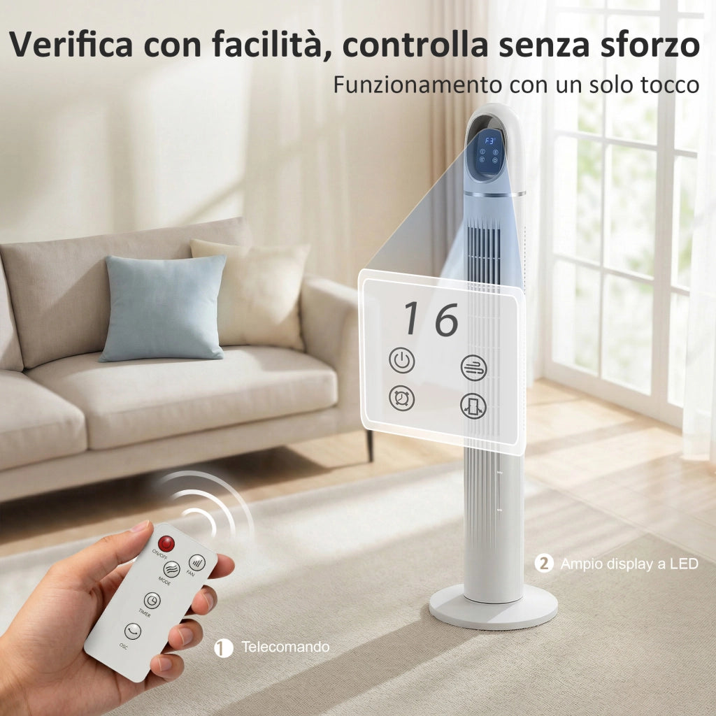 Ventilatore a Torre 31x31x111 cm Oscillante a 70° 4 Modalità 3 VelocitàTimer 24 Ore in PP e ABS Bianco