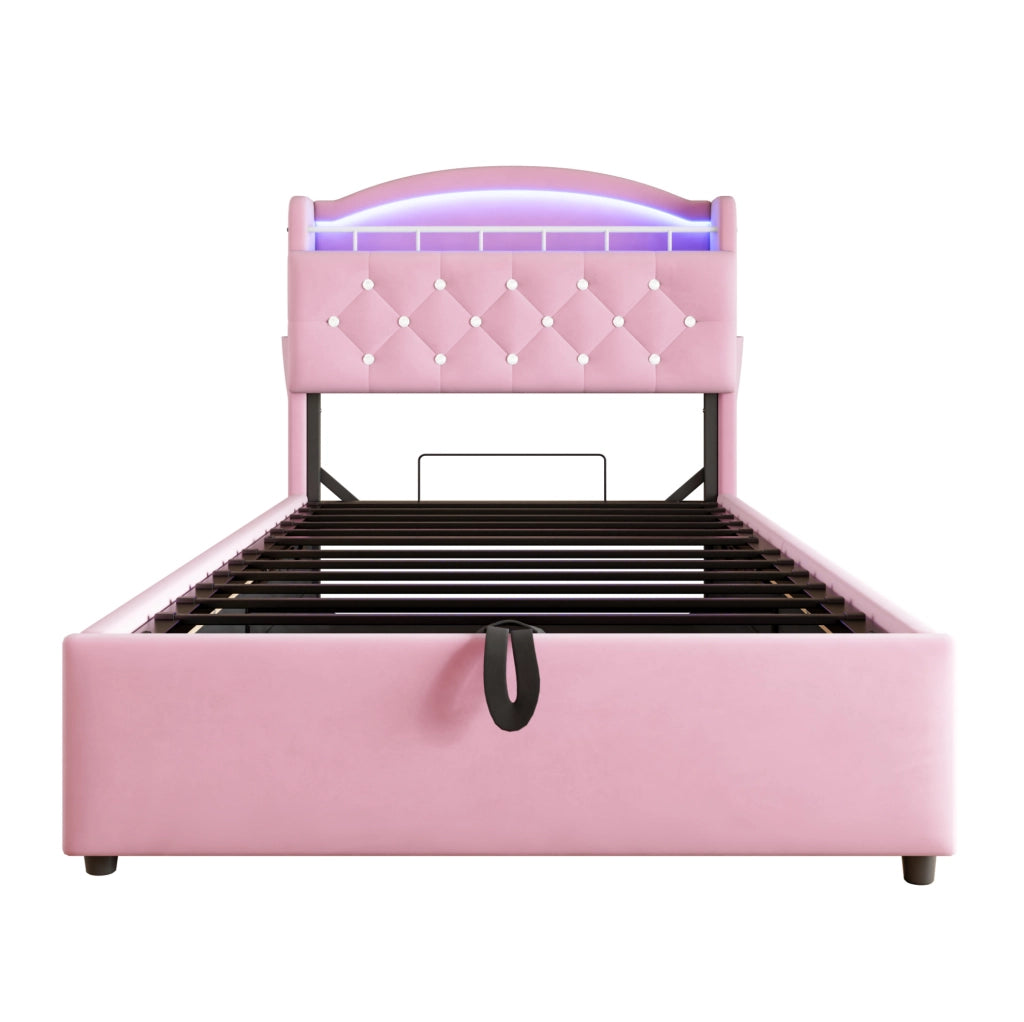 Letto imbottito 90x200 cm; contenitore con LED e USB; tessuto; rosa