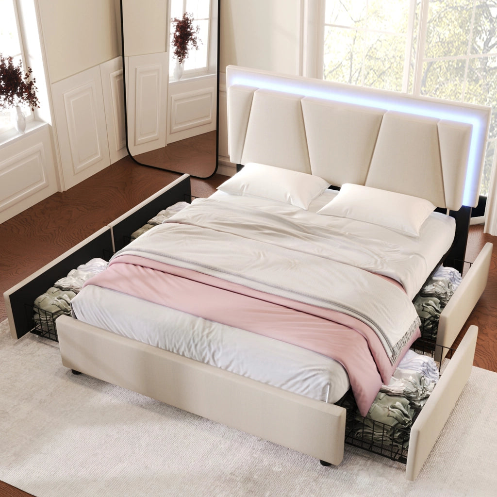 Letto matrimoniale 160 × 200 cm con LED, 4 cassetti, testiera regolabile, materasso incluso, beige