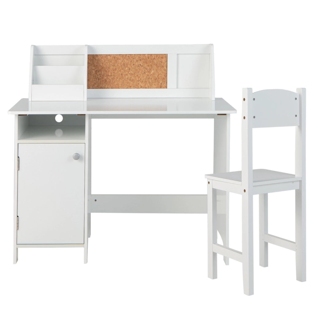 Set di scrivania e sedia per bambini in legno con scaffale armadietto bacheca, Postazione di scrittura Bianco-Tavoli e sedie