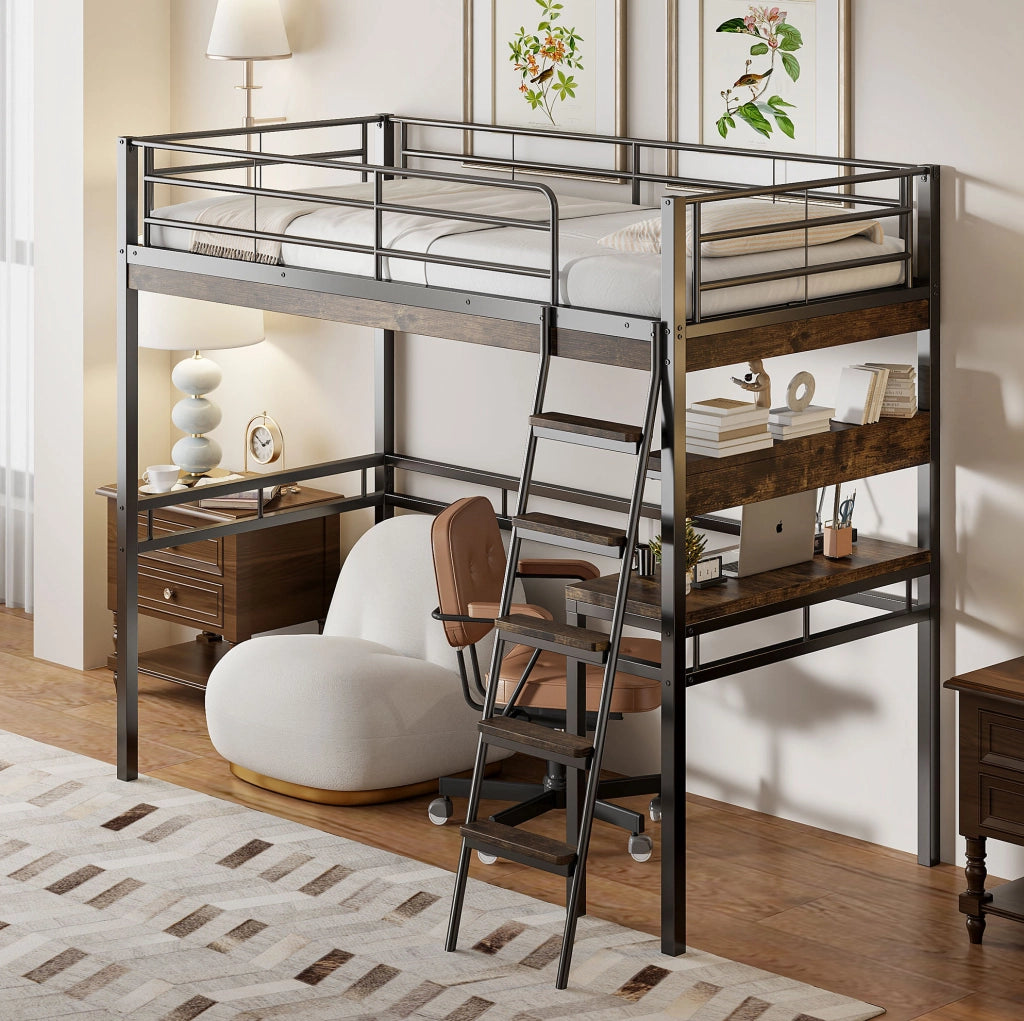 Letto a soppalco 90x200 cm con scrivania e ripiani; struttura in metallo nero (Senza materasso)