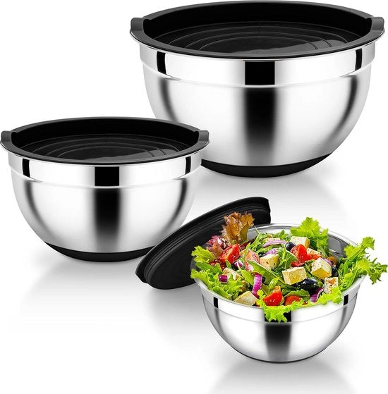 Set di contenitori in acciaio inossidabile 3 pezzi con coperchio e fondo in silicone, contenitore per mescolare e servire in plastica nera, 1 l / 2,5 l / 4,5 l