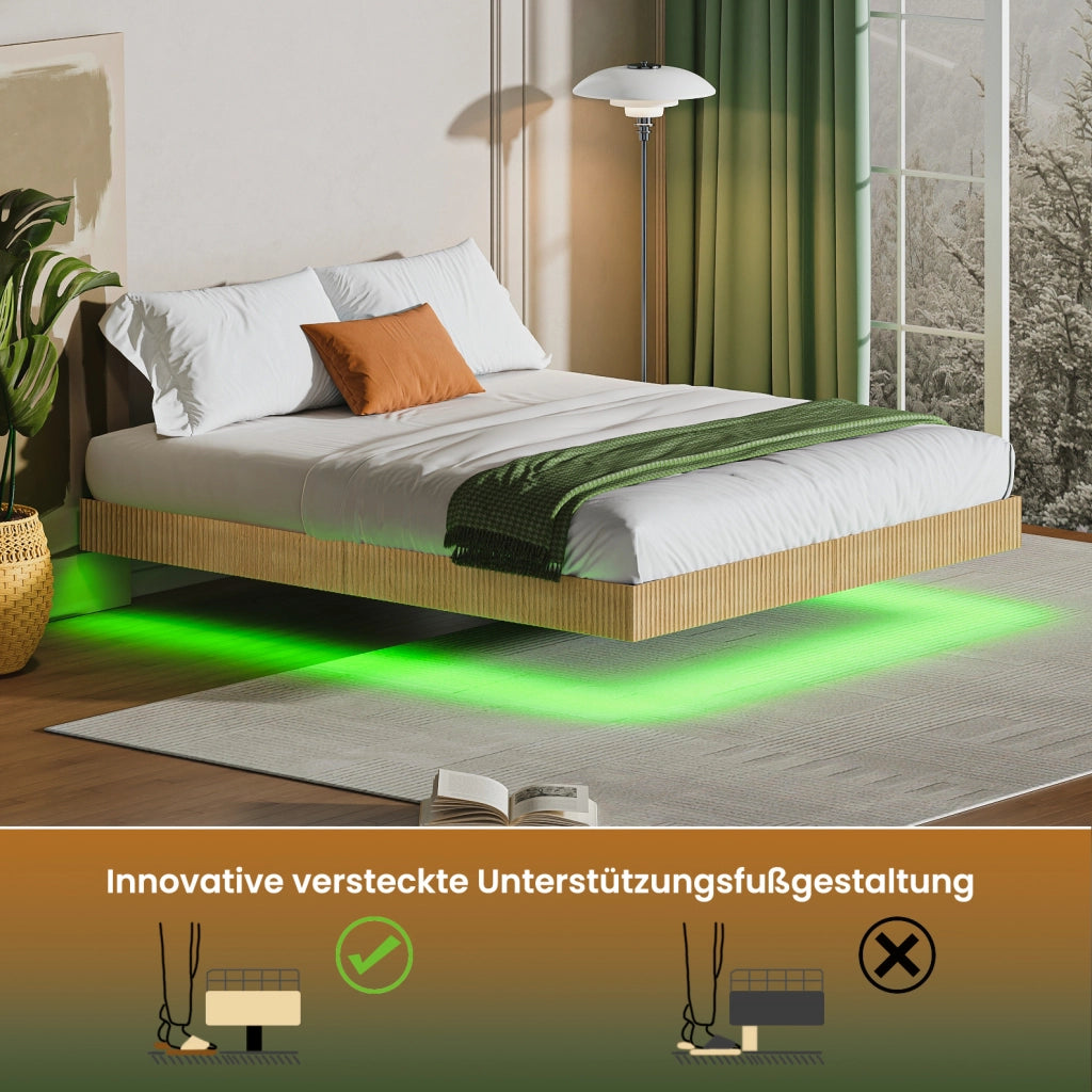 Letto matrimoniale sospeso 180x200 cm con LED RGB rovere chiaro