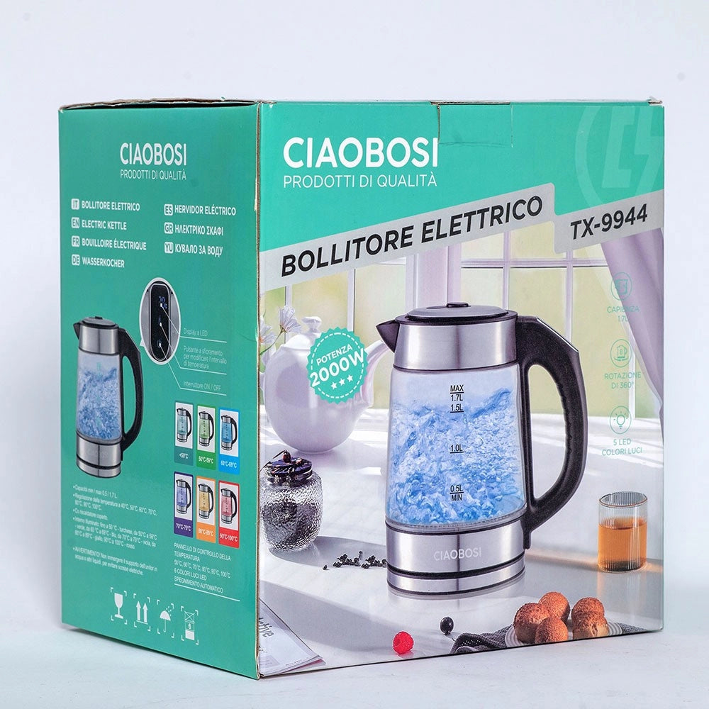 Trade Shop - Bollitore Elettrico In Vetro Capacità 1,7 Lt 2000 W Acqua Ufficio Viaggi Tx-9944 -