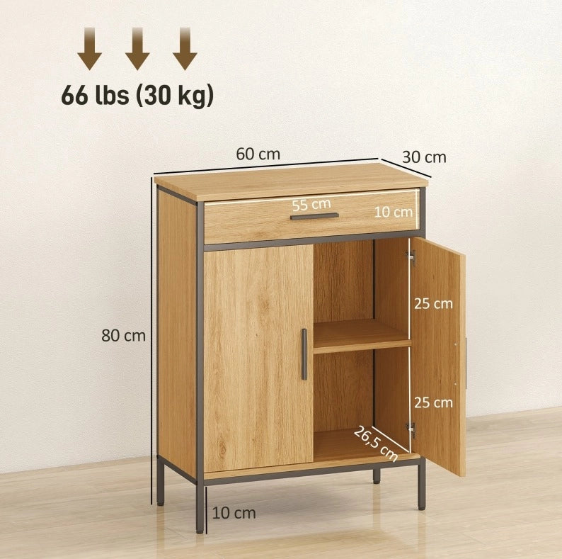 Mobile bagno con cassetto e 2 ante; ripiano regolabile; MDF e acciaio; rovere
