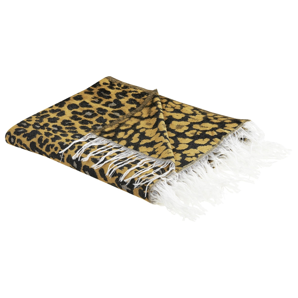 Coperta in acrilico e poliestere marrone e nero 130 x 170 cm motivo leopardo nappe boho soggiorno camera da letto