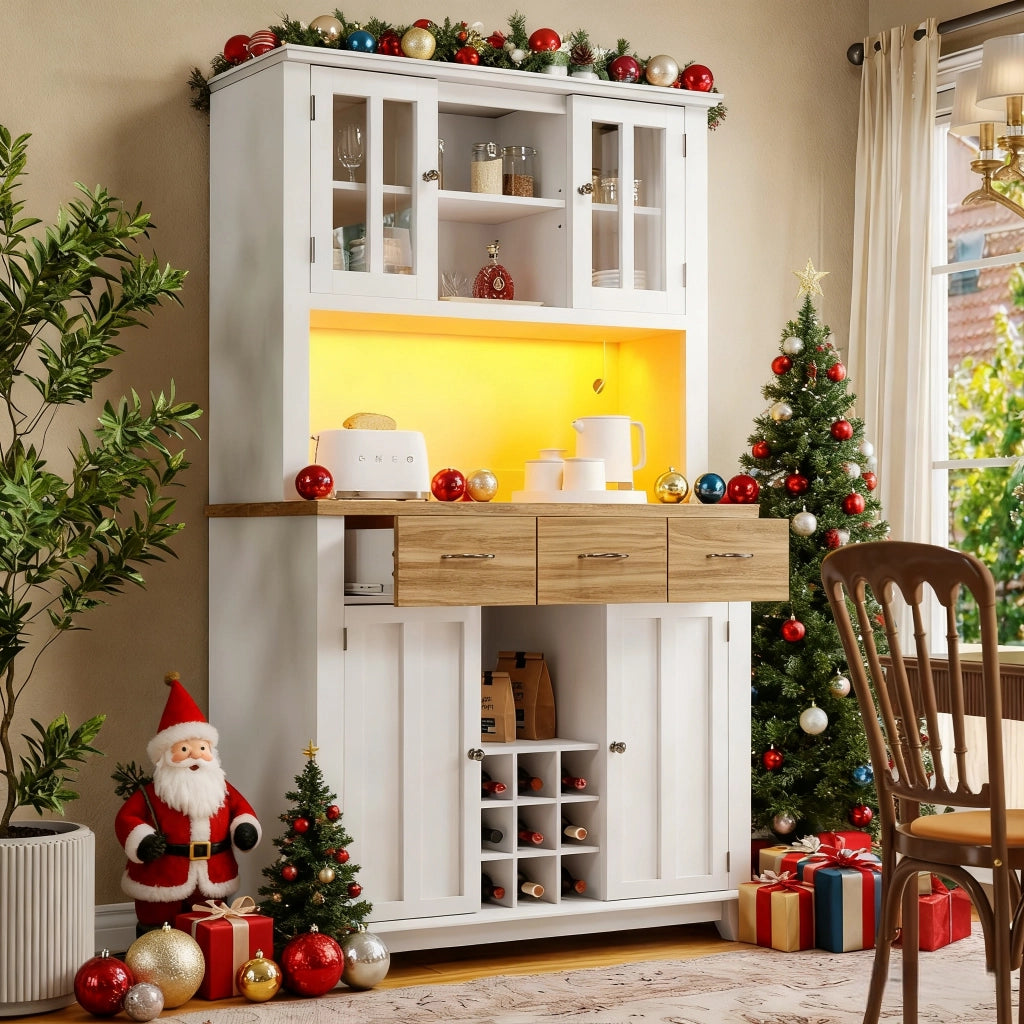 Vaisselier basso cucina - Xylo - LED, ripiani regolabili, cassetti in legno, bianco