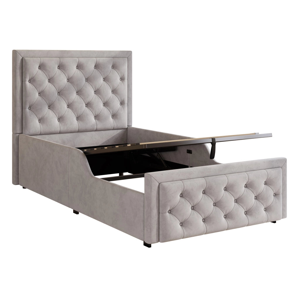 Letto imbottito 90x200 cm con contenitore idraulico; testiera capitonné in velluto grigio