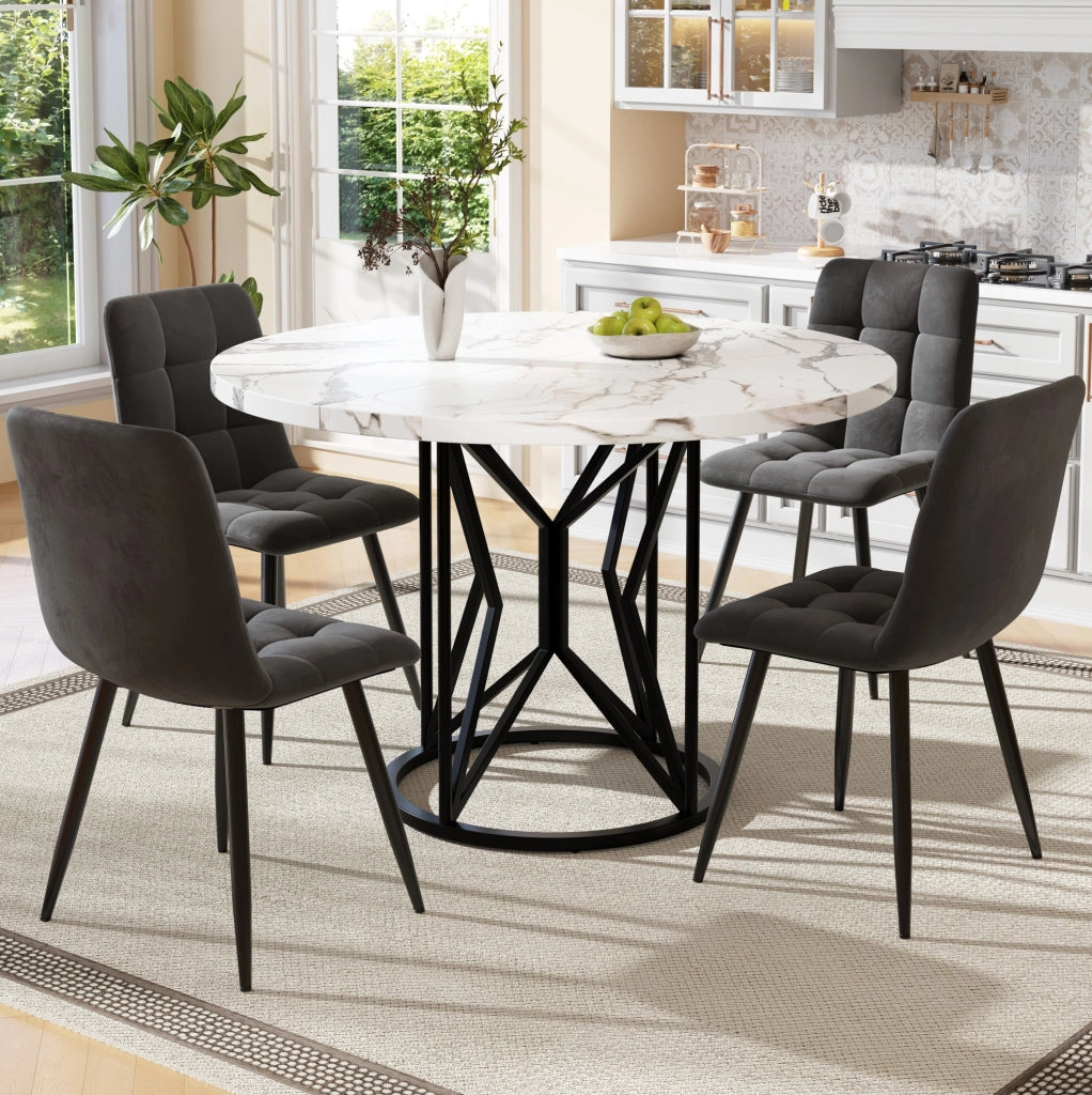 Set da pranzo 100x100x76 cm con 4 sedie; piano effetto marmo in MDF; metallo e velluto nero