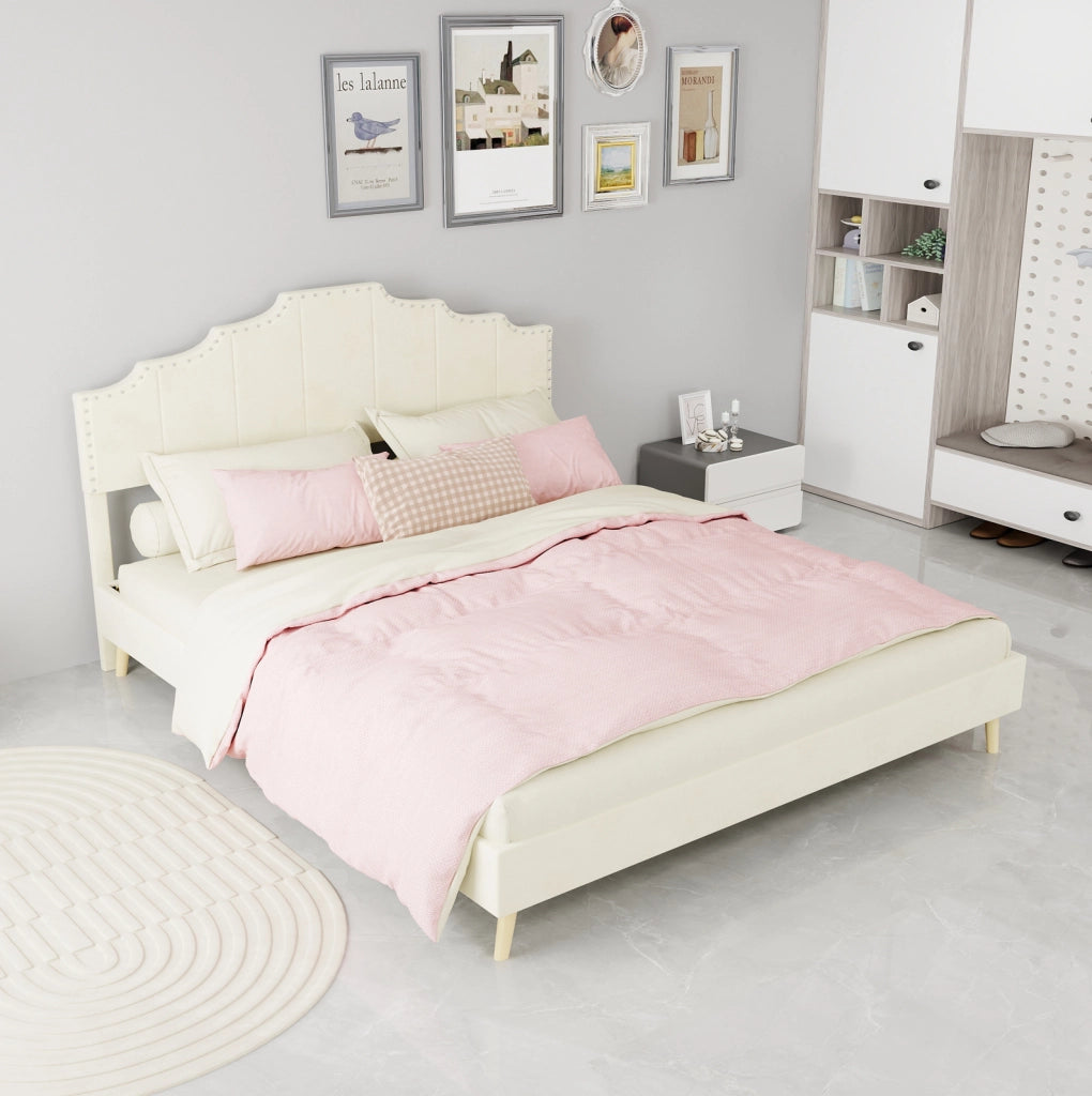 Letto matrimoniale 160x200 cm in tessuto e metallo beige
