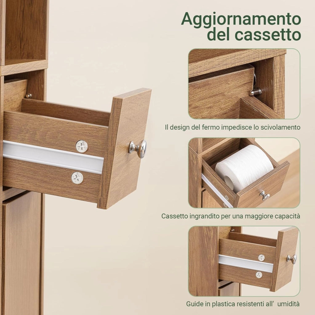 Mobile Bagno Alto e Stretto, Mobili Salvaspazio Mobiletto a Colonna da Terra con Ripiani Regolabili e Cassetto Armadietto per Bagno e Lavanderia 20×20×180 cm BZR34-II-PF