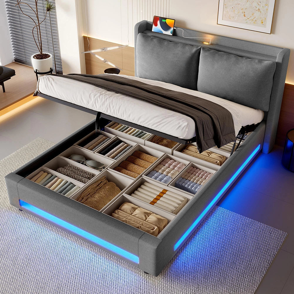 Letto a baldacchino 140x200cm - Xylo - velluto USB-C LED spazio ripiano