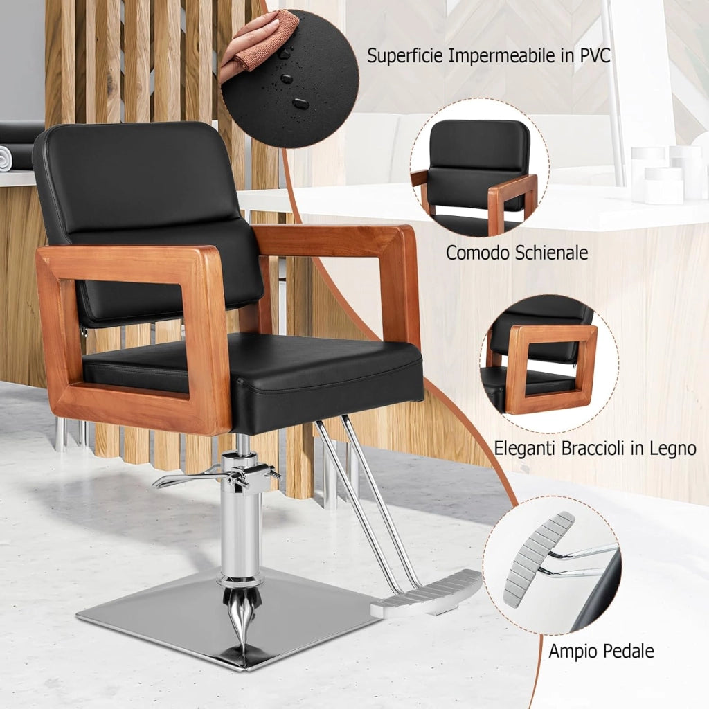 Poltrona da Barbiere, Sedia da Barbiere Girevole a 360°, Regolabile in Altezza 50-65 cm, con Braccioli in Legno Massello, Portata 250 kg