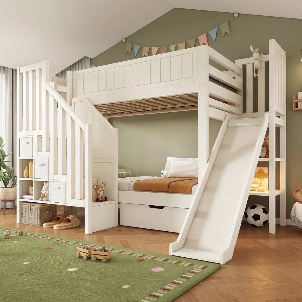 Letto a Castello per Bambini con Scivolo, Cassetti e Scala ¨C Xylo ¨C Bianco 90x200