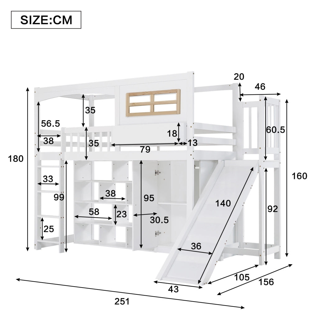 Letto a castello per bambini con scivolo, armadio e scaffali 90x200 cm