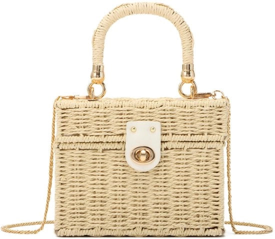 Borsa quadrata a rete tessuta a mano, borsa da spiaggia per donna, borsa da viaggio con manico di canna