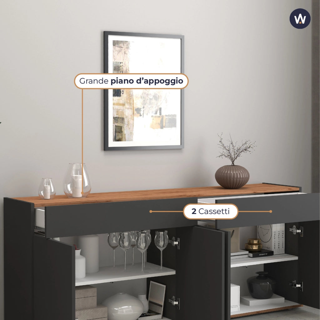 WHOUS Credenza Garda 4 ante e 2 cassetti antracite opaco e rovere 160,1x35x70 cm