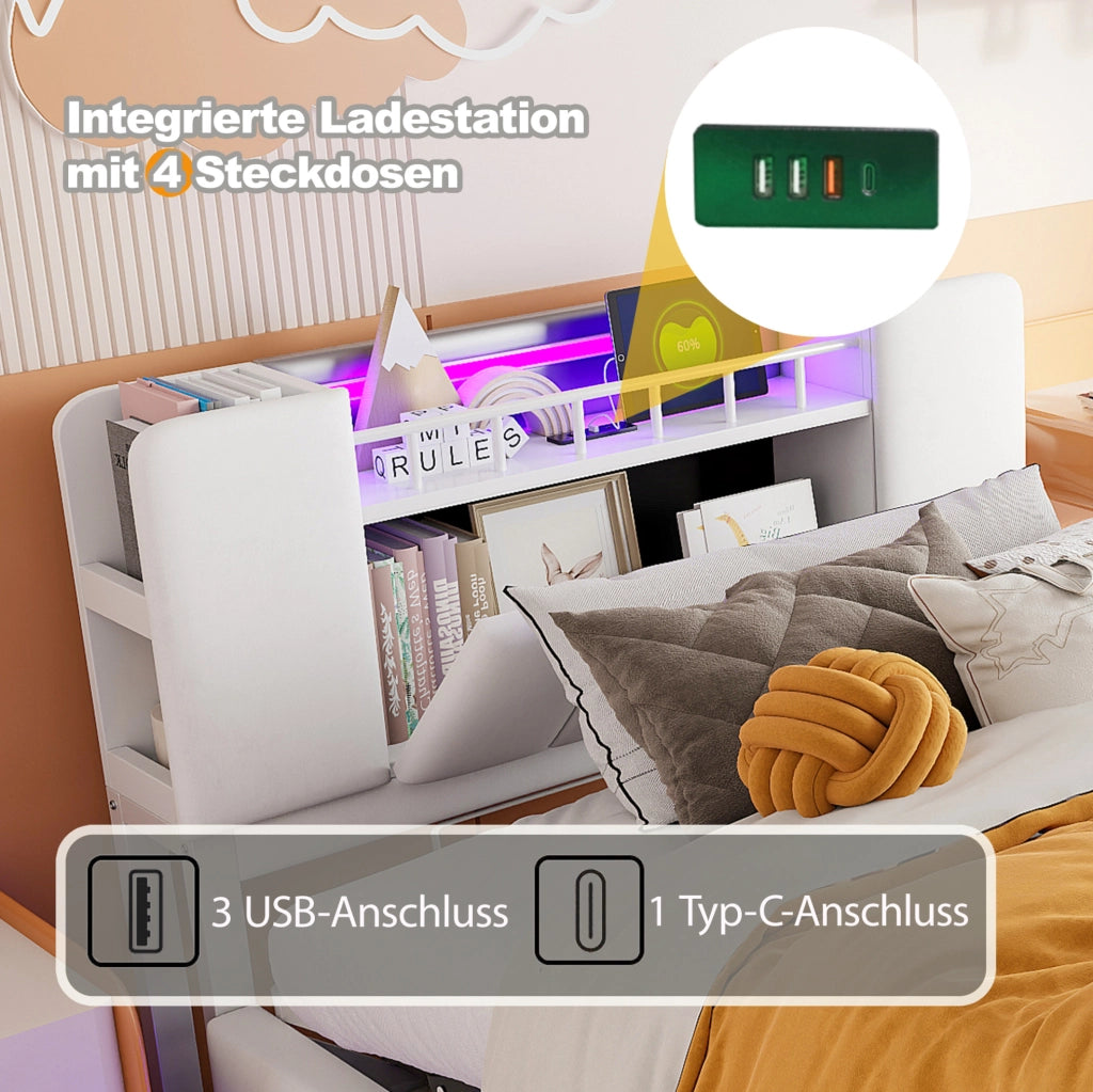 Letto imbottito per bambini 90 x 200 cm beige con LED, USB e contenitore