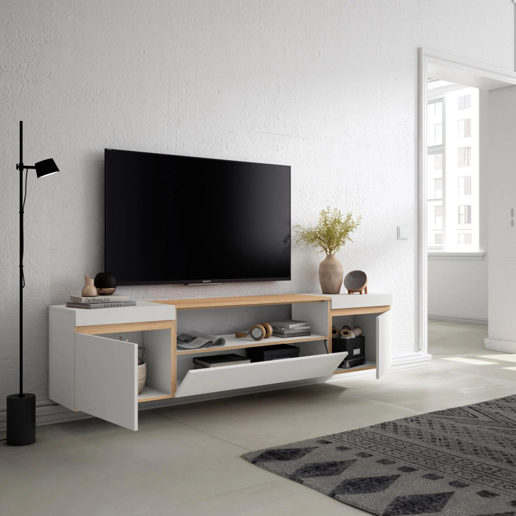 Mobile TV Soggiorno, 200x45x35cm, Per TV fino a 80", Sospeso, da appendere, Bianco e Rovere soft